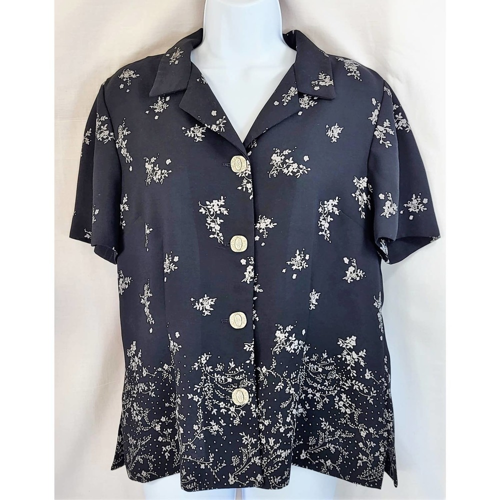 Leslie Fay Womens 12P Short Sleeve Button Up Collared Black Floral Blouse